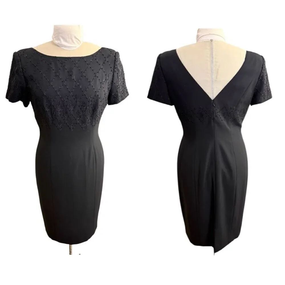 Maggy London Beaded Black Cocktail Dress Deep V Back Sz. 8 Audrey Hepburn